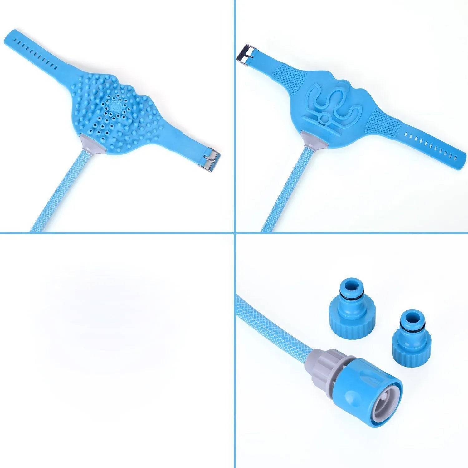 Blue pet bathing massage gloves with one-handed control, 2.5m PVC hose, and adapters for shower or garden hose