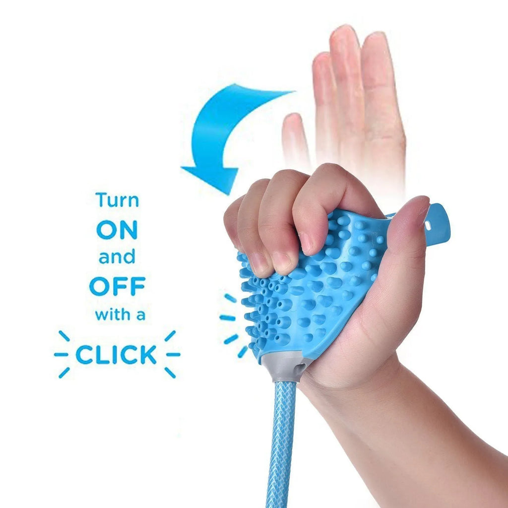 Blue pet bathing massage gloves with one-handed control, 2.5m PVC hose, and adapters for shower or garden hose