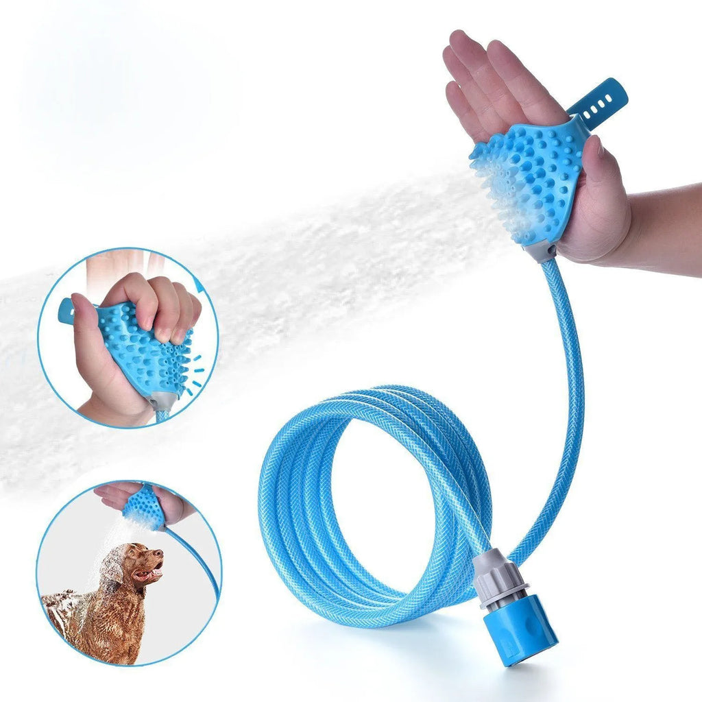 Blue pet bathing massage gloves with one-handed control, 2.5m PVC hose, and adapters for shower or garden hose