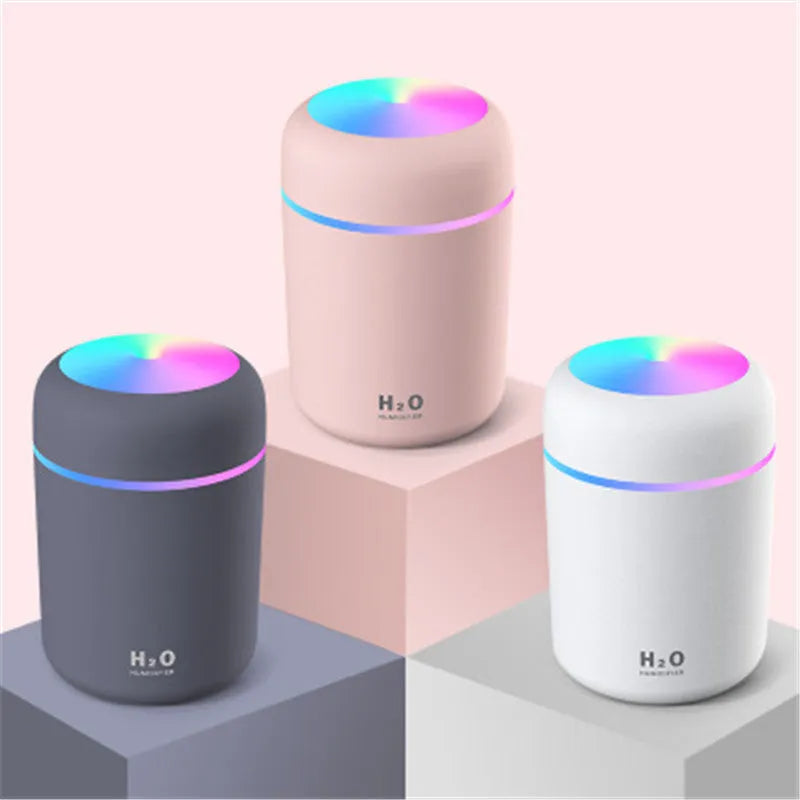Compact car air purifying humidifier with 300ml water tank, USB powered, in white colour