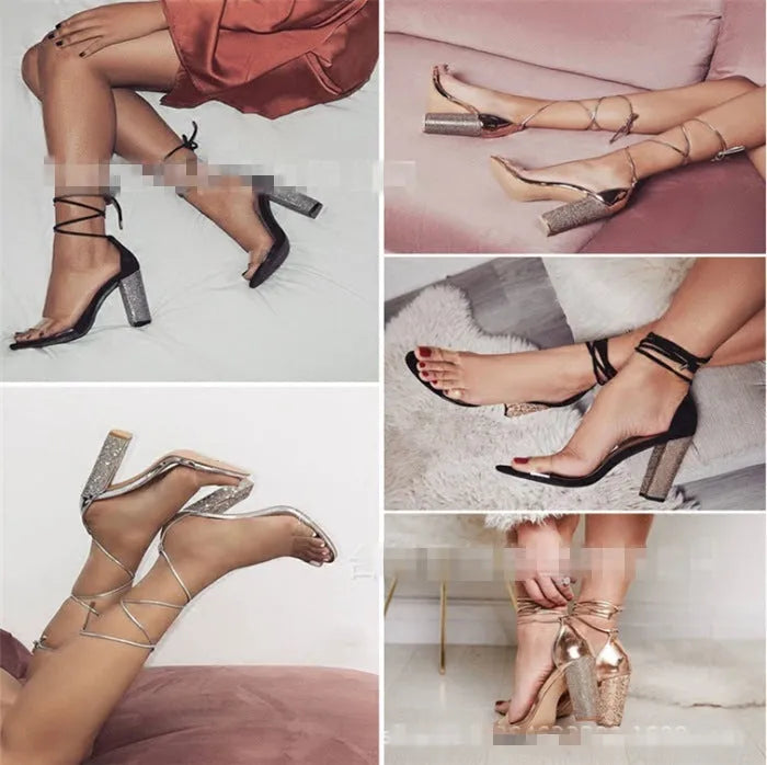 Women's black and gold pointed-toe high heels with plastic construction