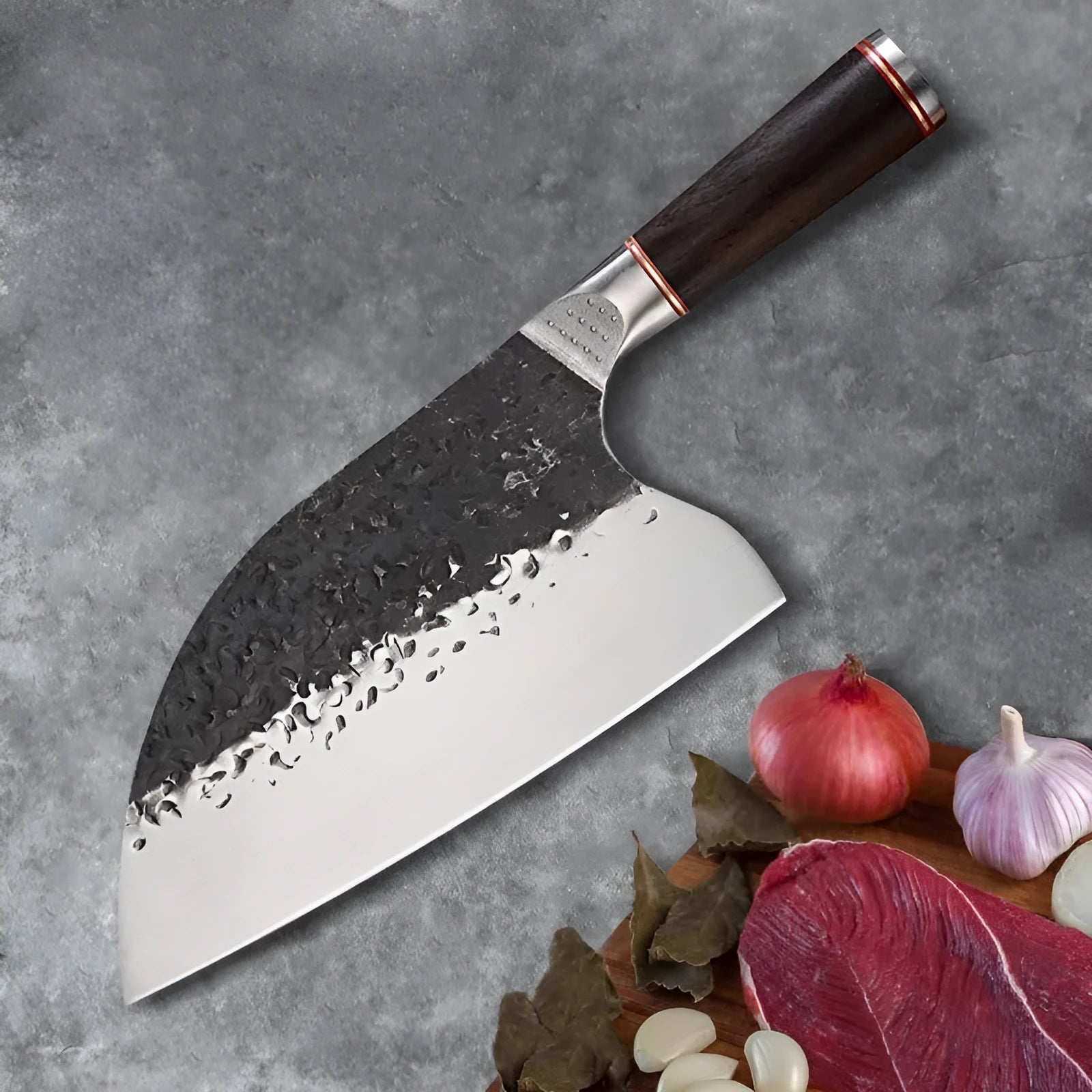 5CR15MOV stainless steel kitchen knife with ebony wood handle on cutting board for meat and bone slicing