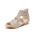 Women's beige flat sandals with back zipper and low wedge heel