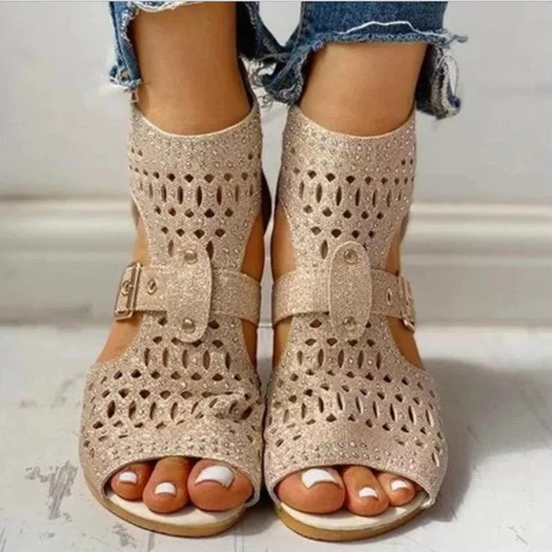 Women's beige flat sandals with back zipper and low wedge heel