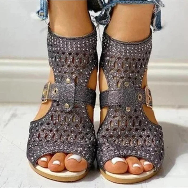 Women's beige flat sandals with back zipper and low wedge heel