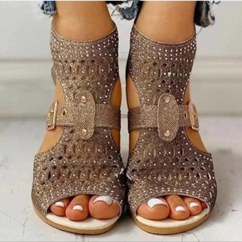 Women's beige flat sandals with back zipper and low wedge heel