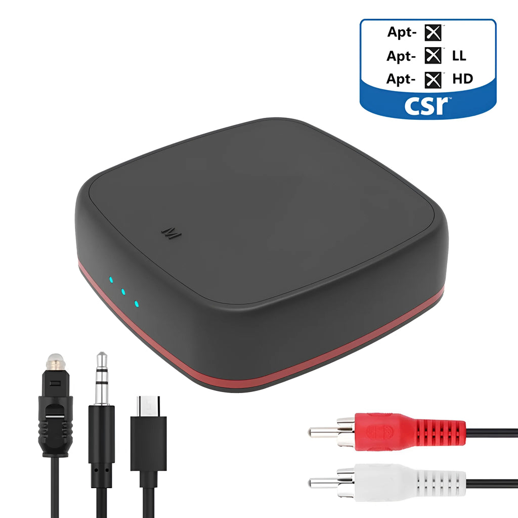 Black optical fiber Bluetooth 5.0 adapter CSR8675 with TX/RX switch and AUX and optical ports