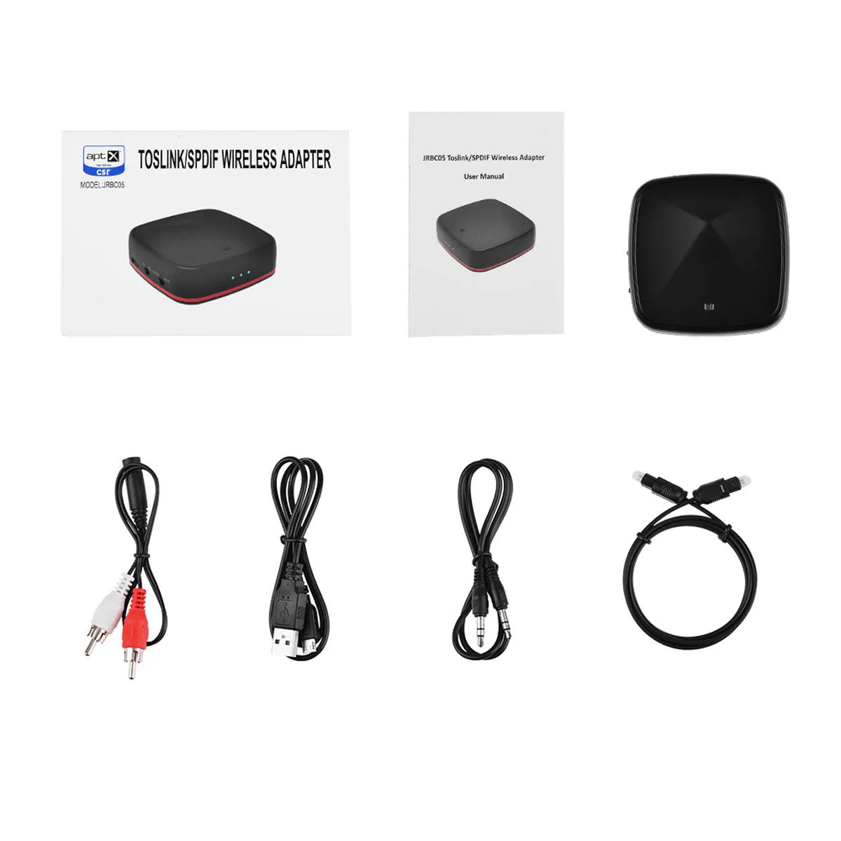 Black optical fiber Bluetooth 5.0 adapter CSR8675 with TX/RX switch and AUX and optical ports