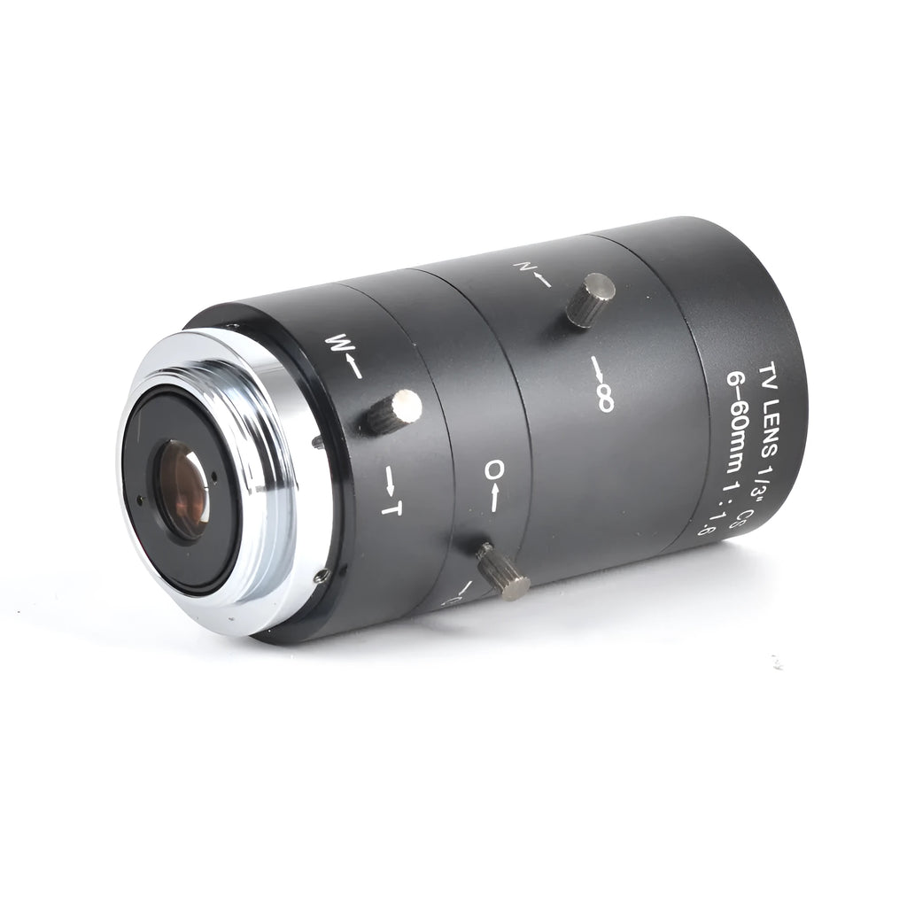 Black manual aperture 6-60mm CS mount CCTV lens with measurement showing 37x68.7x34mm dimensions
