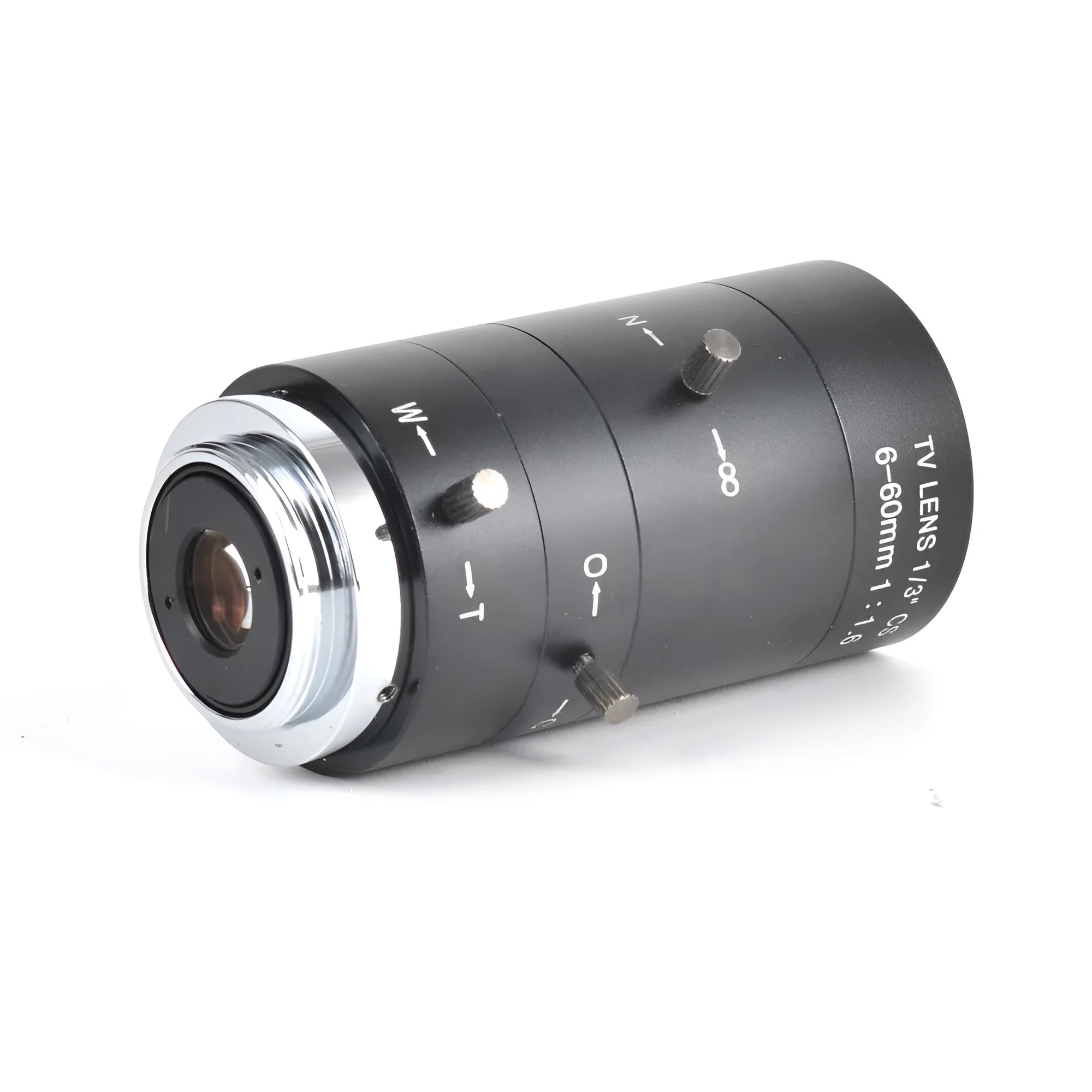 Black manual aperture 6-60mm CS mount CCTV lens with measurement showing 37x68.7x34mm dimensions