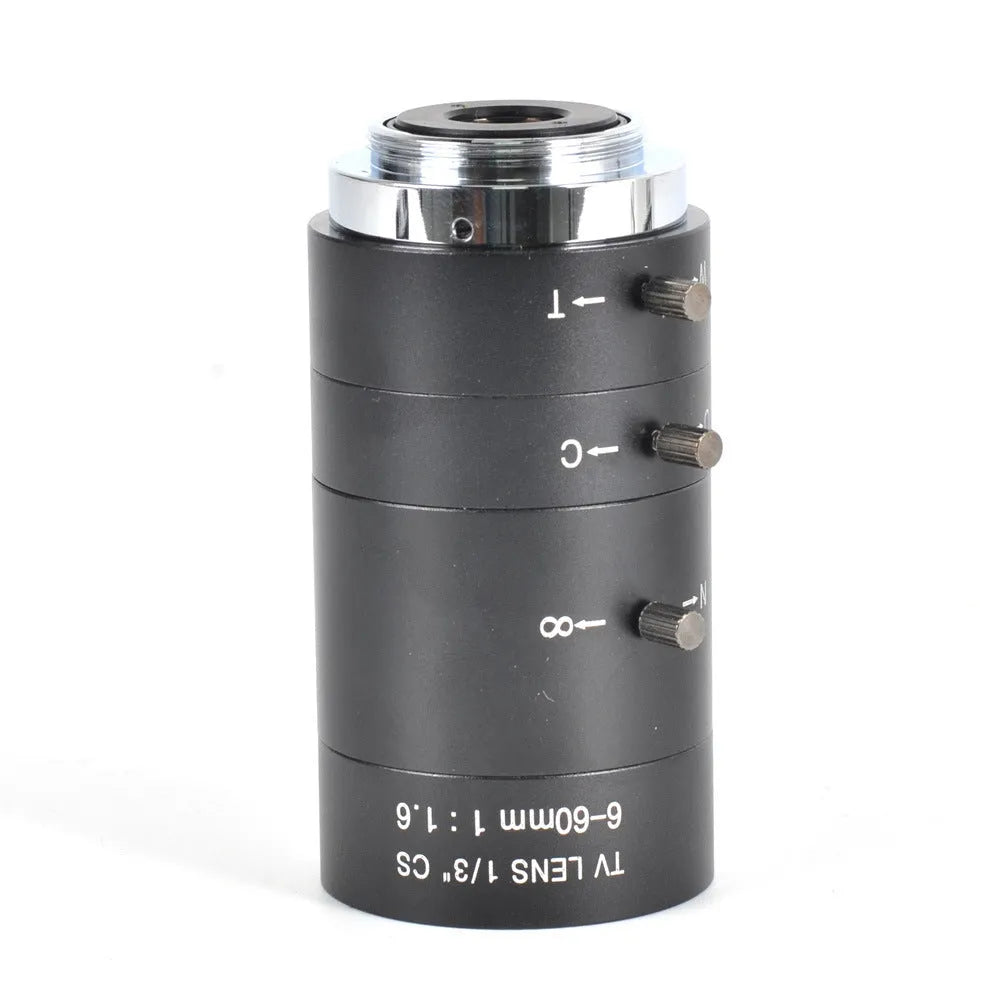 Black manual aperture 6-60mm CS mount CCTV lens with measurement showing 37x68.7x34mm dimensions