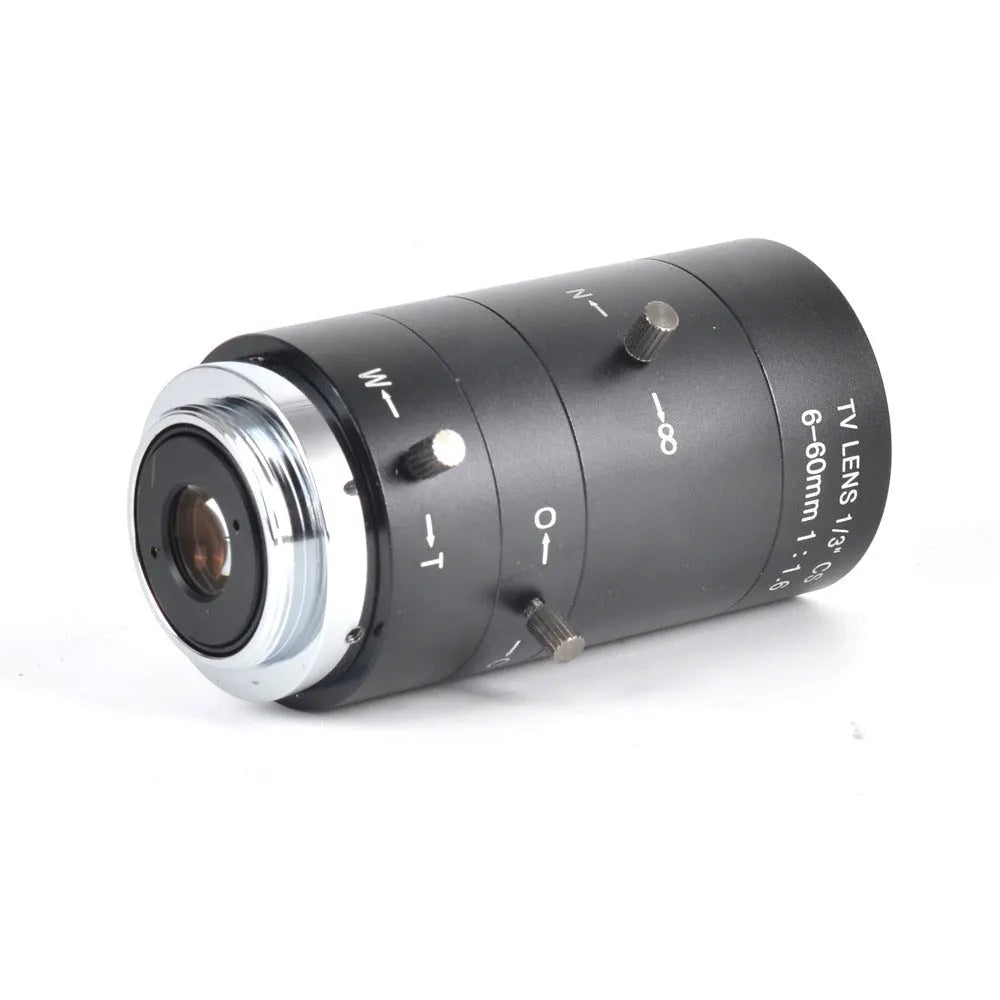 Black manual aperture 6-60mm CS mount CCTV lens with measurement showing 37x68.7x34mm dimensions