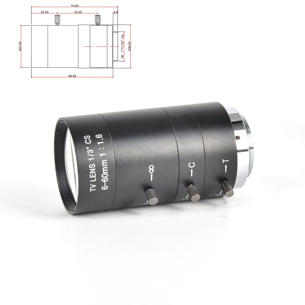 Black manual aperture 6-60mm CS mount CCTV lens with measurement showing 37x68.7x34mm dimensions
