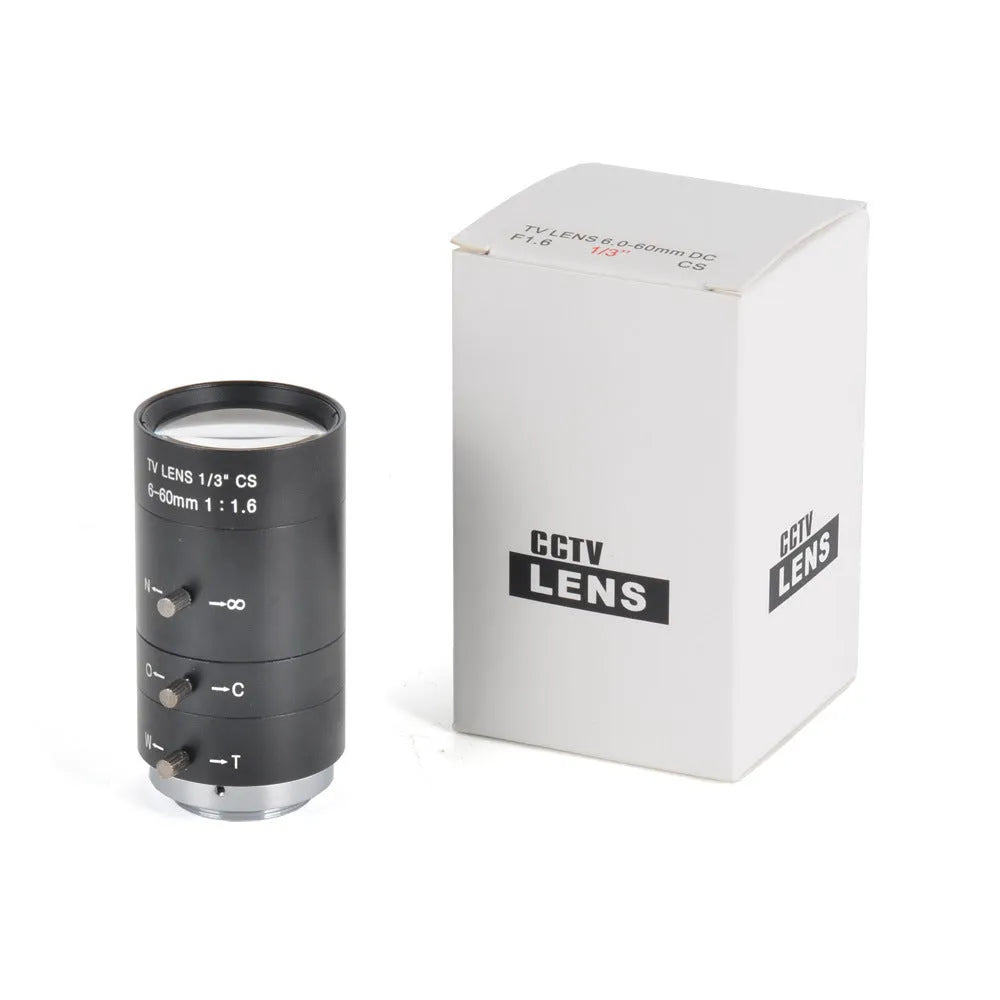 Black manual aperture 6-60mm CS mount CCTV lens with measurement showing 37x68.7x34mm dimensions