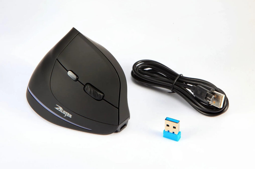 F35 wireless charging vertical mouse in black with six buttons and ergonomic grip