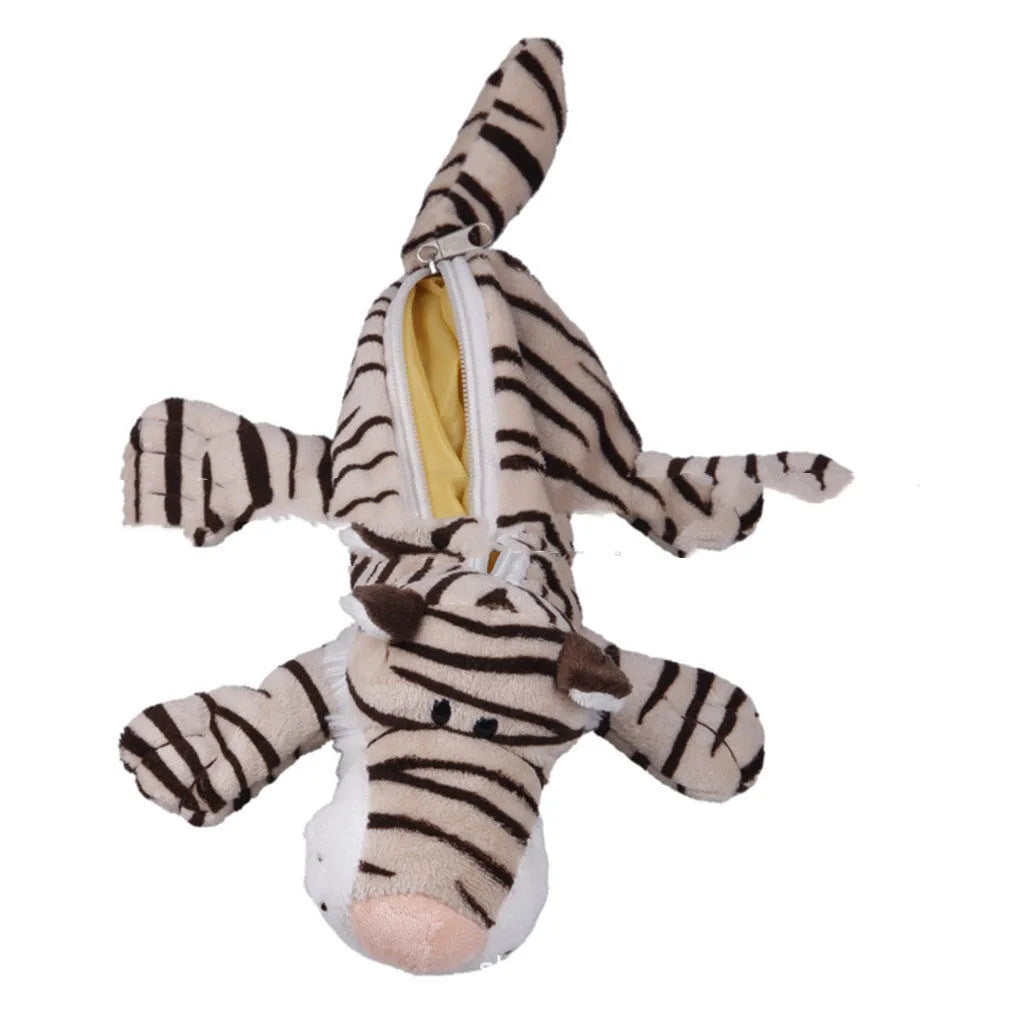 Soft plush pencil case with Korean cartoon animal design, showing round shape and 27-35cm size