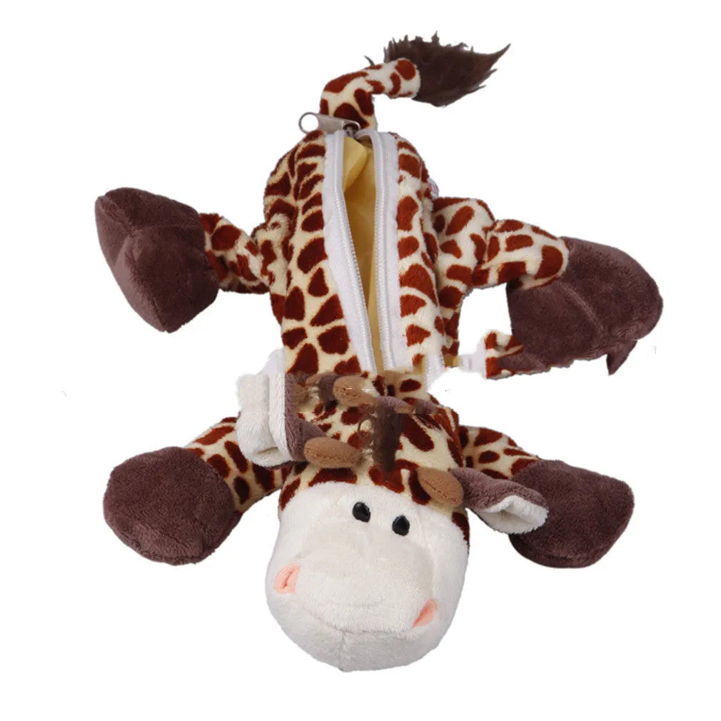 Soft plush pencil case with Korean cartoon animal design, showing round shape and 27-35cm size