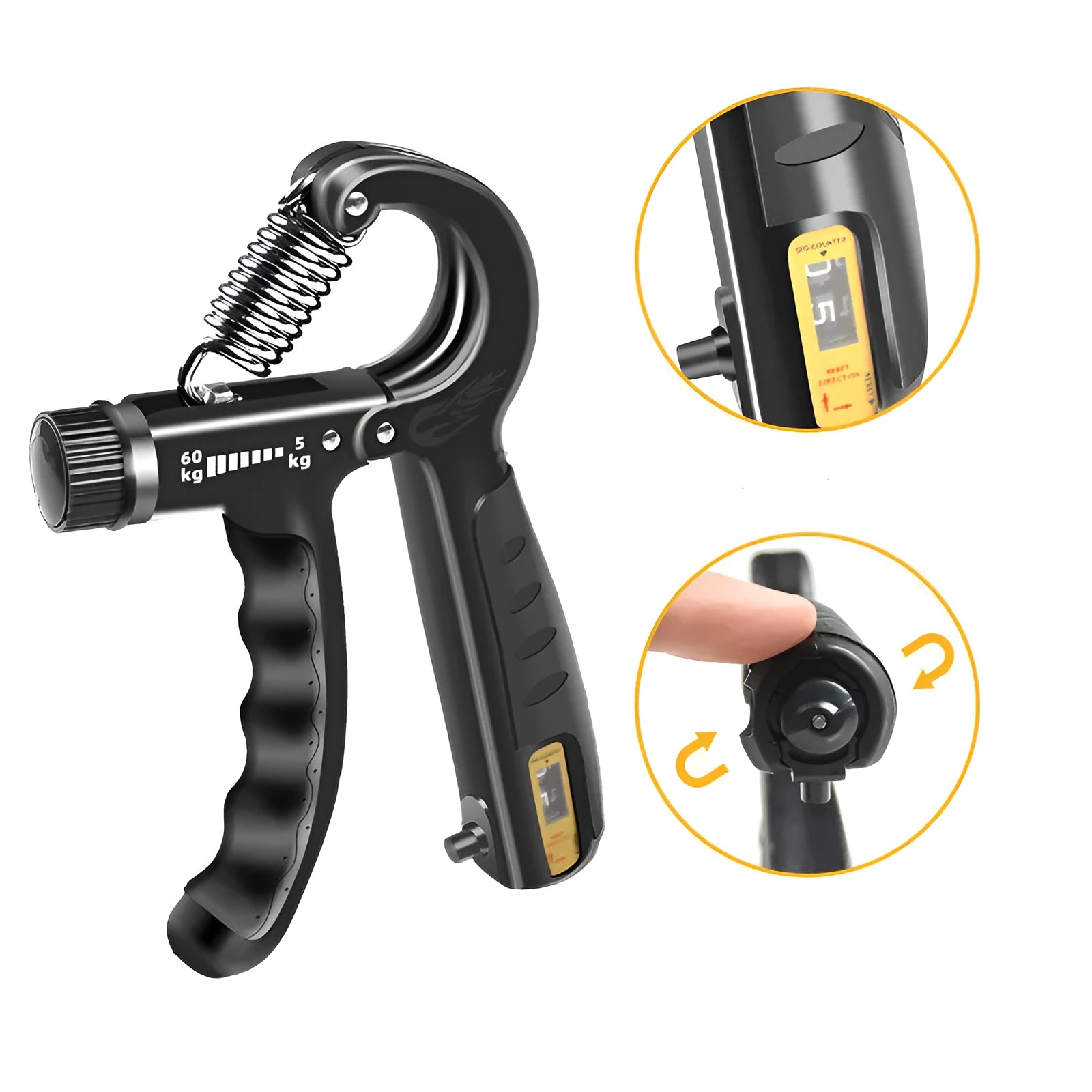 Adjustable counting hand gripper with black handles and built-in mechanical counter on a white background