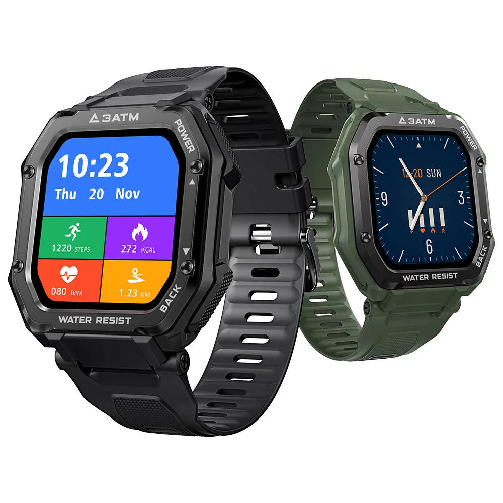Outdoor sports smart watch with 1.69-inch display and silicone wristband in army green or black colours