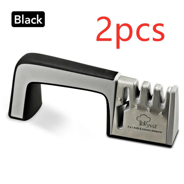 4-in-1 kitchen knife sharpener with multiple slots, black and cyan plastic and stainless steel body on a countertop