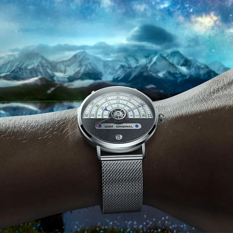 Men's sports quartz watch with 40mm alloy case, mineral glass, and stainless steel strap