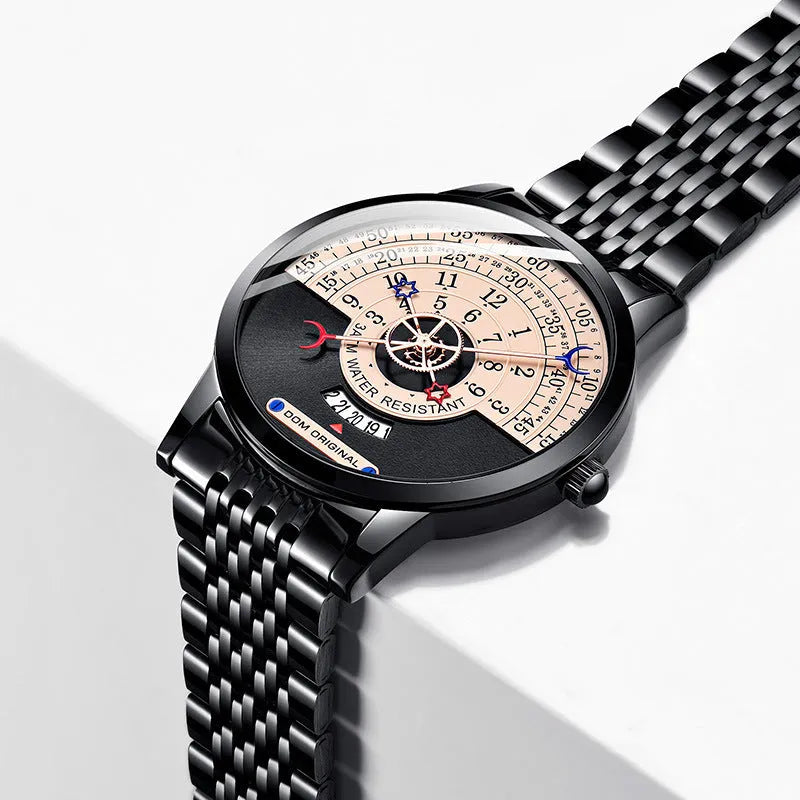 Men's sports quartz watch with 40mm alloy case, mineral glass, and stainless steel strap