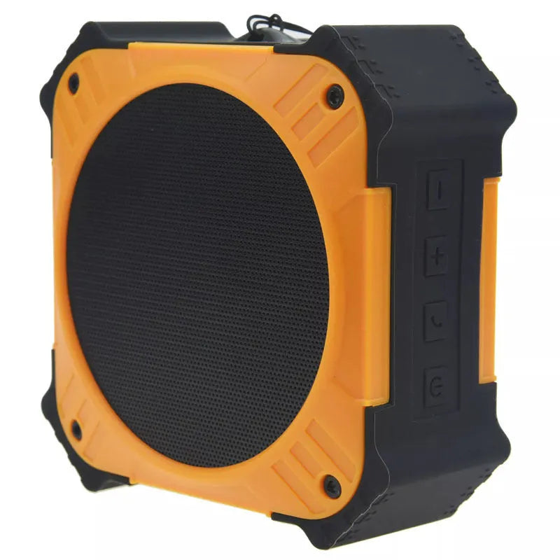 Black waterproof portable Bluetooth speaker with wrist strap showing compact 101x101x47mm size