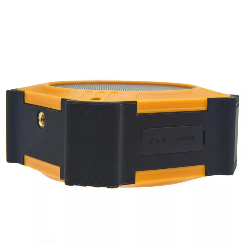 Black waterproof portable Bluetooth speaker with wrist strap showing compact 101x101x47mm size