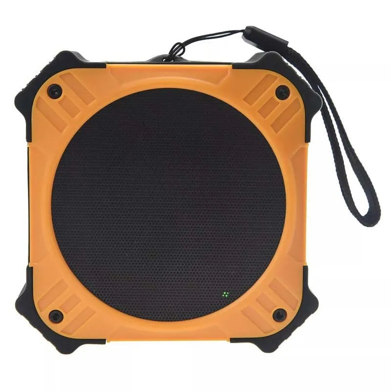 Black waterproof portable Bluetooth speaker with wrist strap showing compact 101x101x47mm size