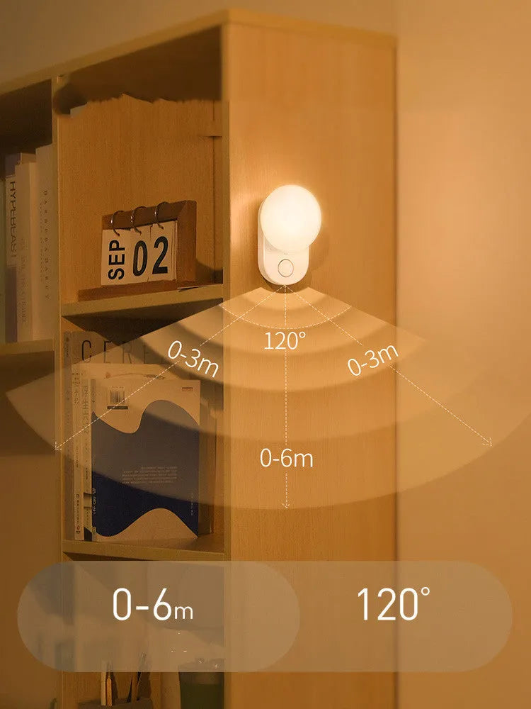 White rechargeable night light with motion sensor and LED illumination for bedside use