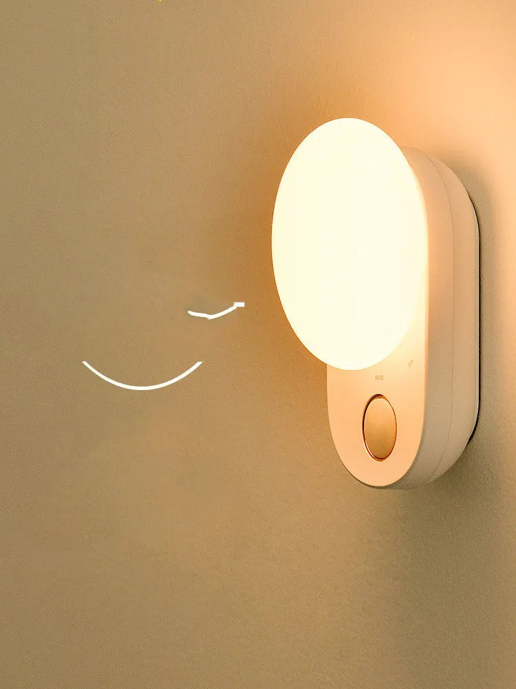 White rechargeable night light with motion sensor and LED illumination for bedside use
