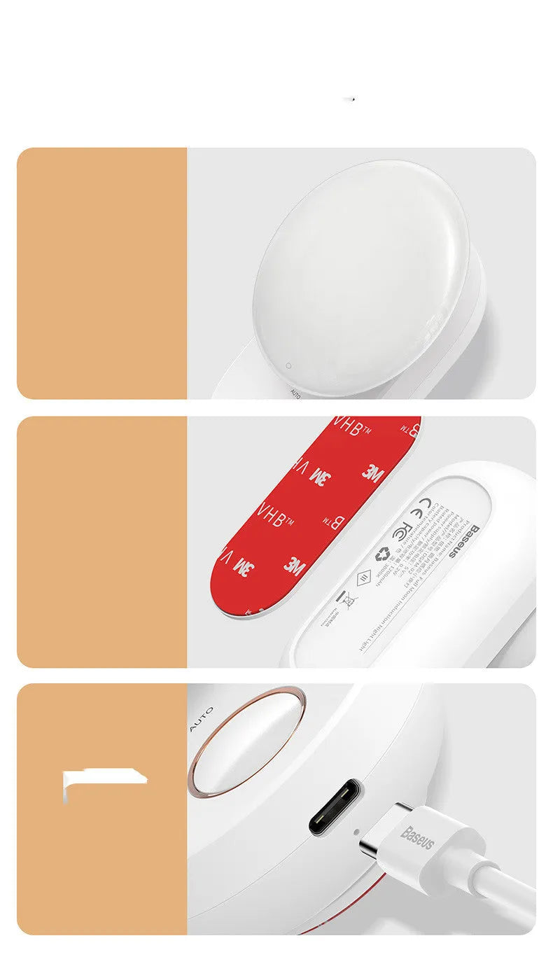 White rechargeable night light with motion sensor and LED illumination for bedside use