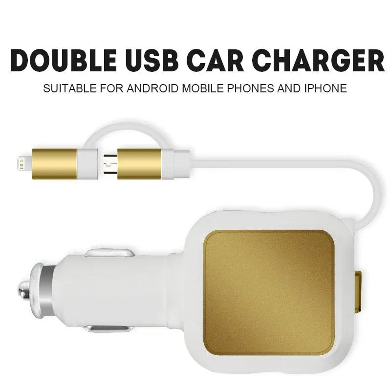 2 in 1 Dual USB car charger with retractable cable for mobile phones, Black/Silver