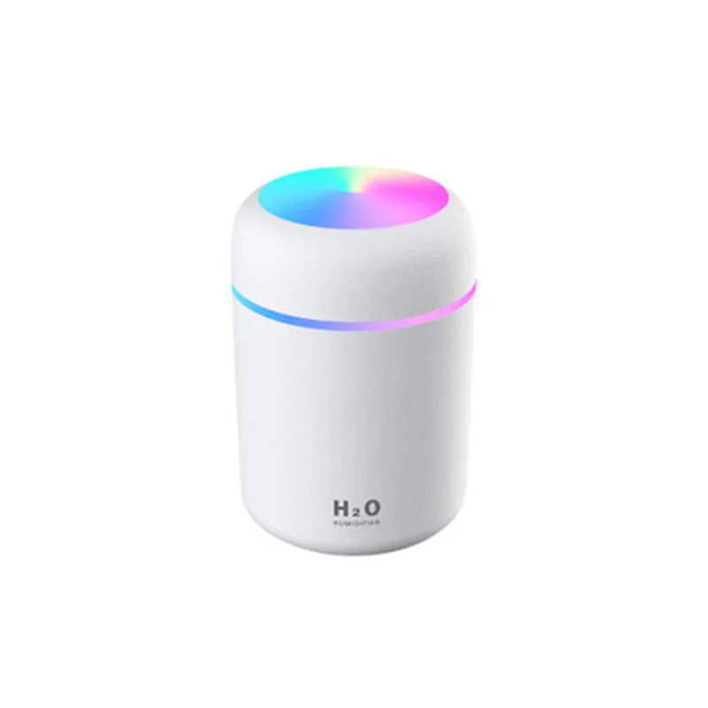 Compact car air purifying humidifier with 300ml water tank, USB powered, in white colour