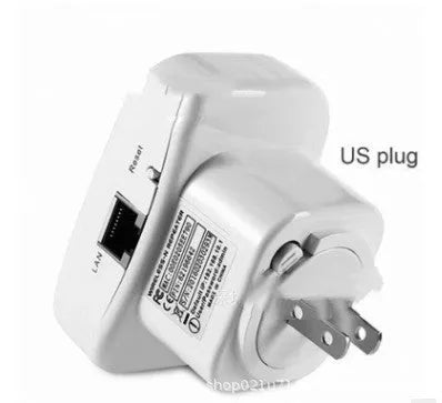 Black or white WiFi repeater with UK EU US AU plugs and a network cable