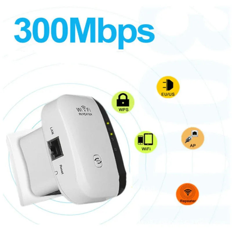 Black or white WiFi repeater with UK EU US AU plugs and a network cable