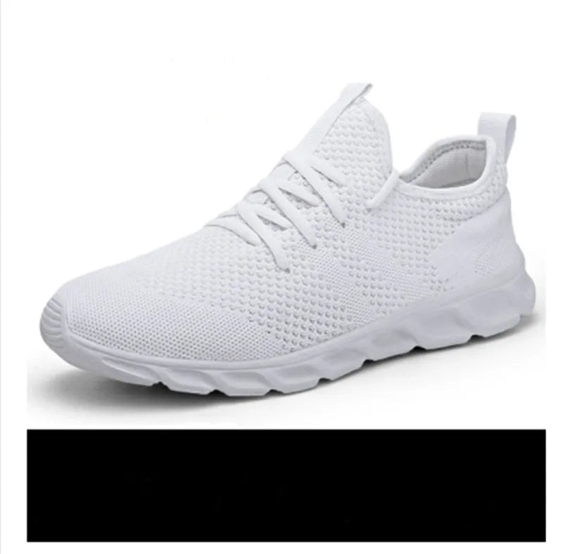 Men's black and white breathable mesh sneakers with lace-up closure and round toe