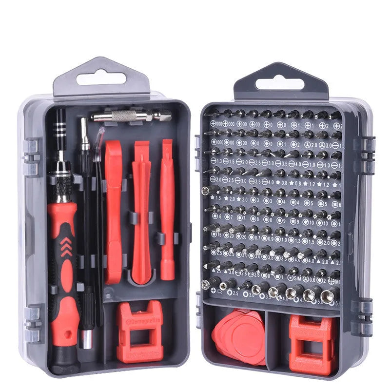 117 in 1 magnetic chrome vanadium screwdriver bit set with flexible extension rod in black, blue, or red case.