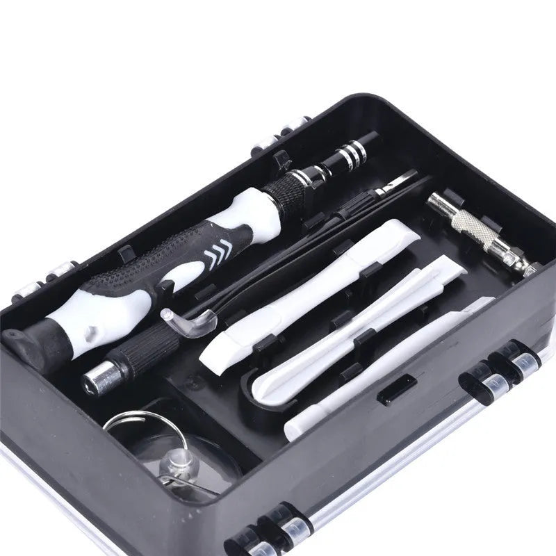 117 in 1 magnetic chrome vanadium screwdriver bit set with flexible extension rod in black, blue, or red case.