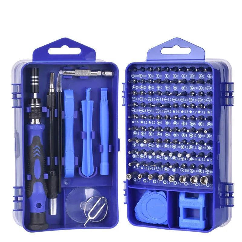 117 in 1 magnetic chrome vanadium screwdriver bit set with flexible extension rod in black, blue, or red case.