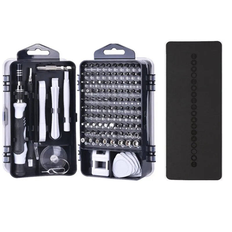117 in 1 magnetic chrome vanadium screwdriver bit set with flexible extension rod in black, blue, or red case.