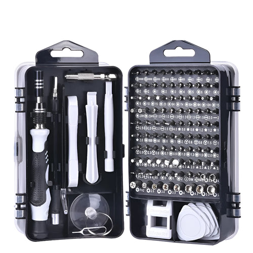 117 in 1 magnetic chrome vanadium screwdriver bit set with flexible extension rod in black, blue, or red case.