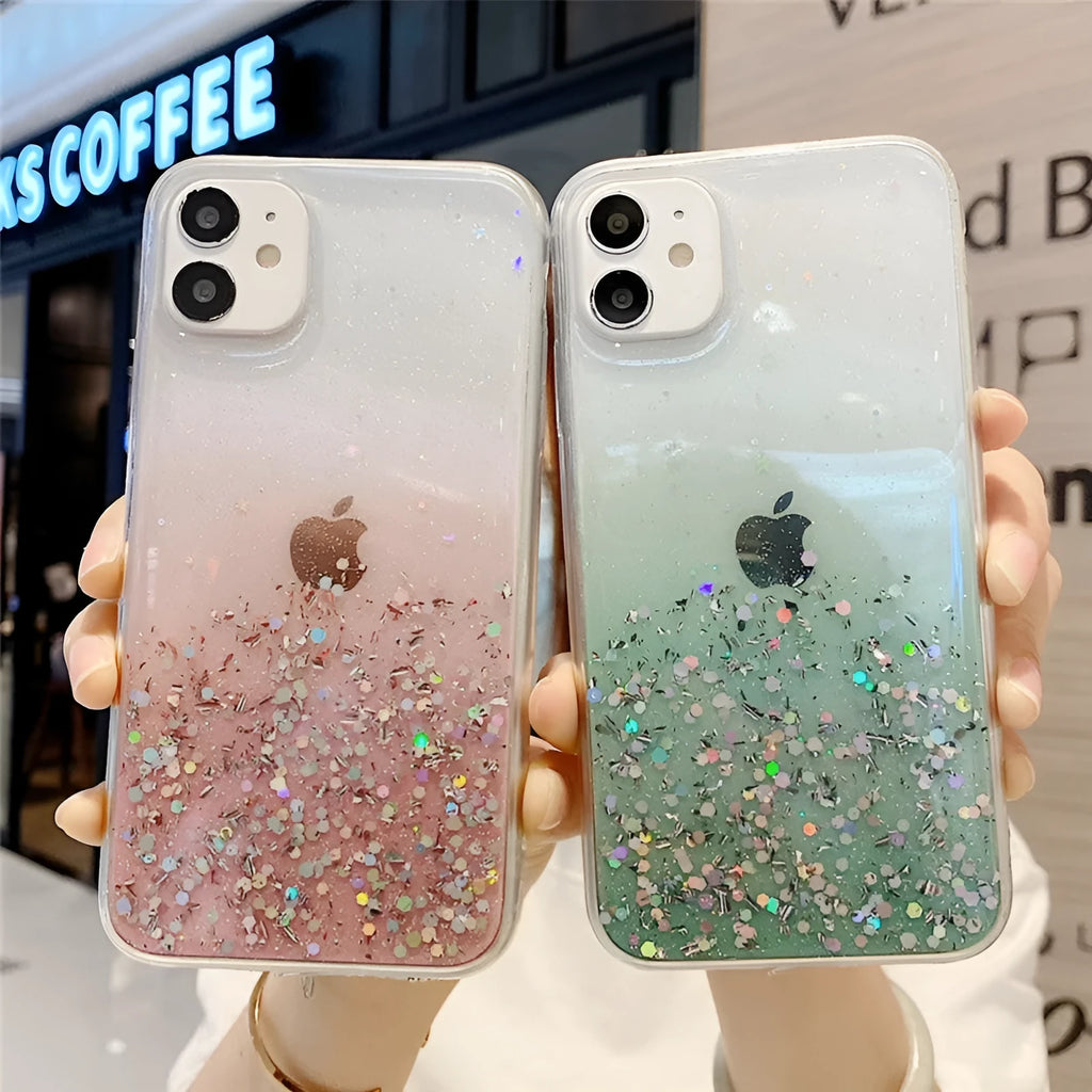 Handmade glitter paper epoxy phone case for iPhone 12 and 11 Pro in transparent with sparkles