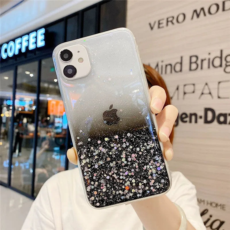 Handmade glitter paper epoxy phone case for iPhone 12 and 11 Pro in transparent with sparkles