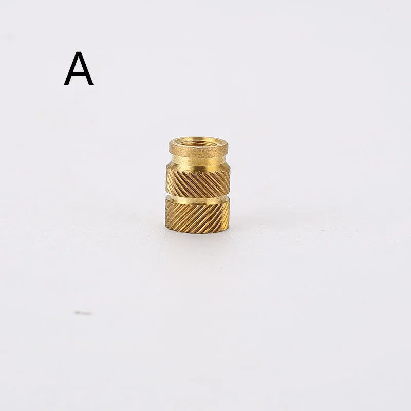 Brass M2 and M3 hot melt copper nuts with outer diameters 3.8mm 4.0mm and 4.2mm on a white background