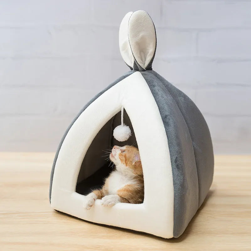 Grey cloth cat house villa bed for small dogs with enclosed design and soft interior
