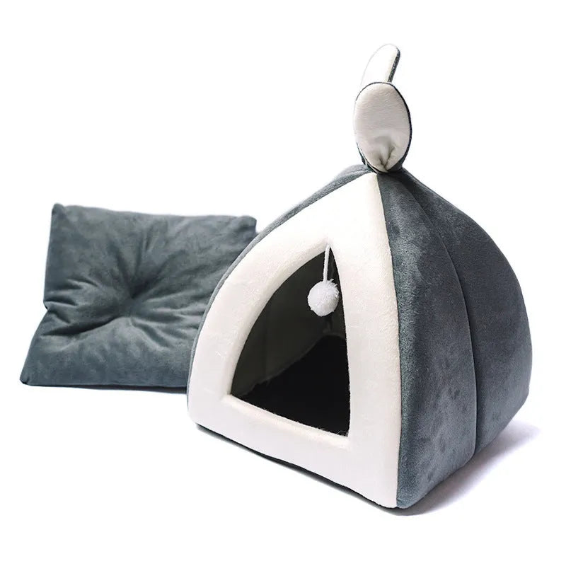 Grey cloth cat house villa bed for small dogs with enclosed design and soft interior