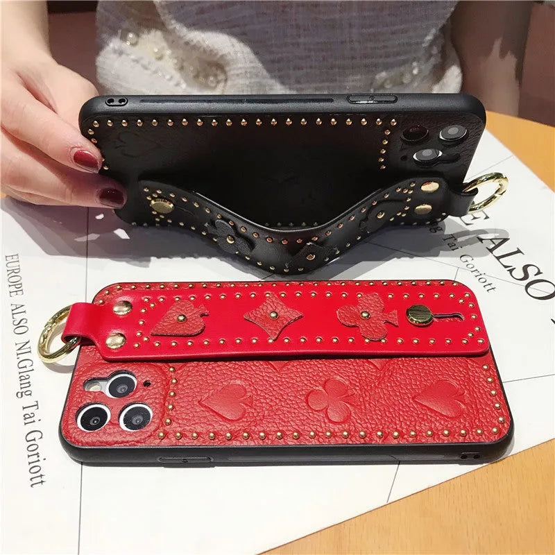 Handmade leather willow phone case in army green for iPhone with floral pattern