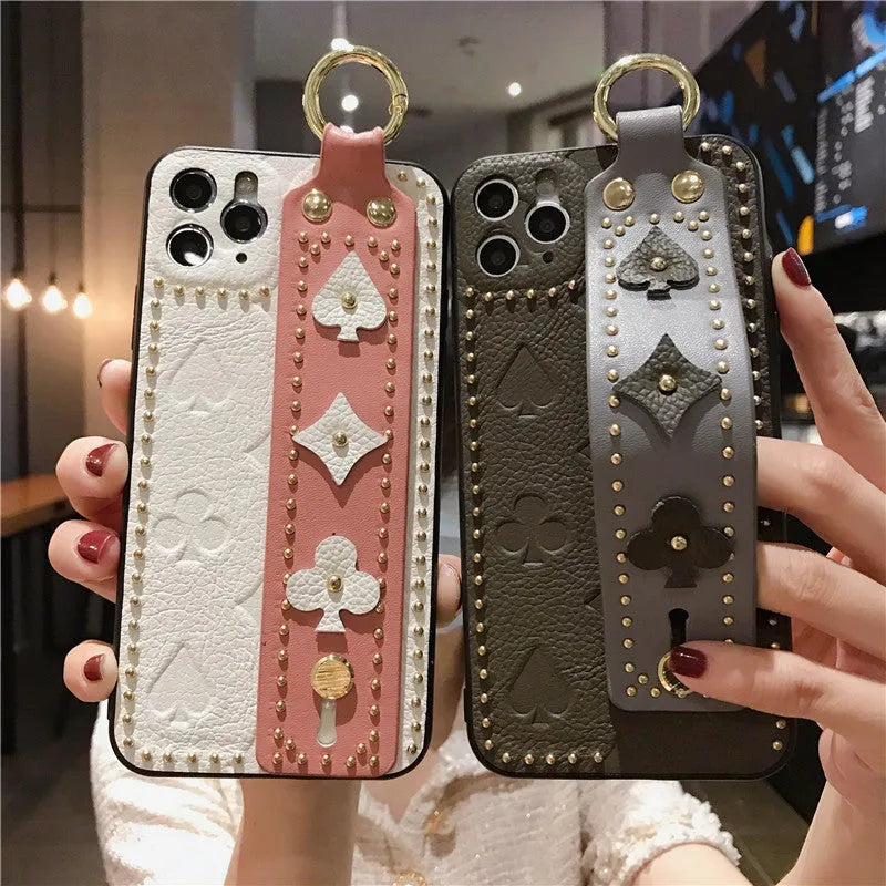 Handmade leather willow phone case in army green for iPhone with floral pattern