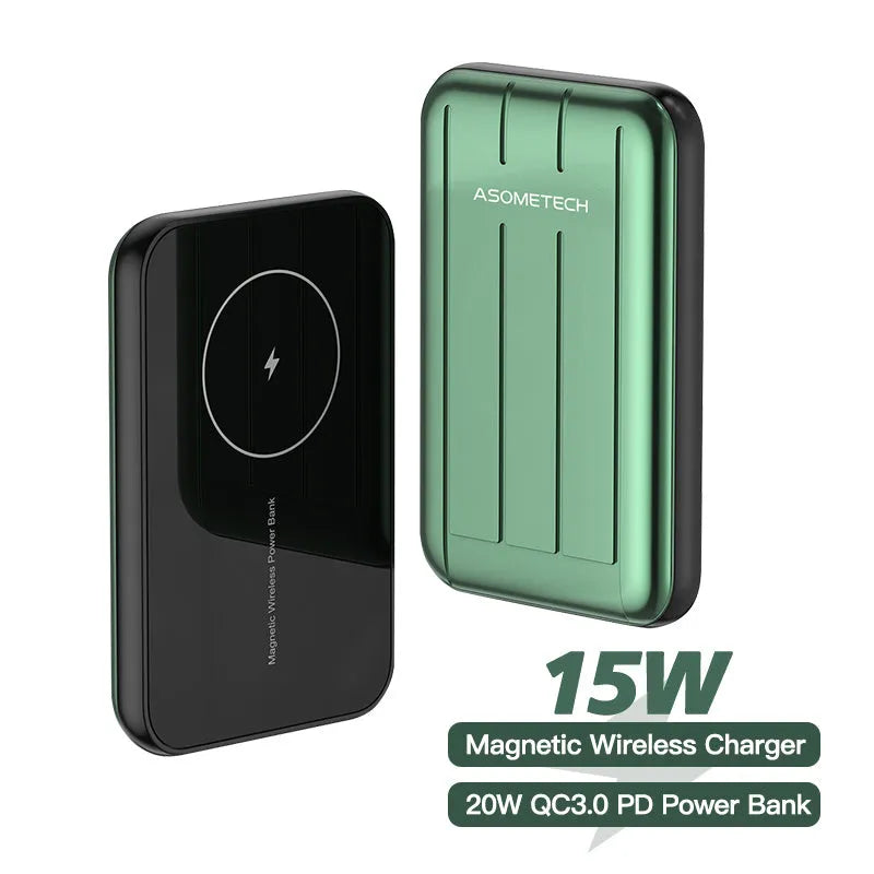 Blue wireless magnetic power bank for iPhone 12 with 5000mAh capacity and USB charging port